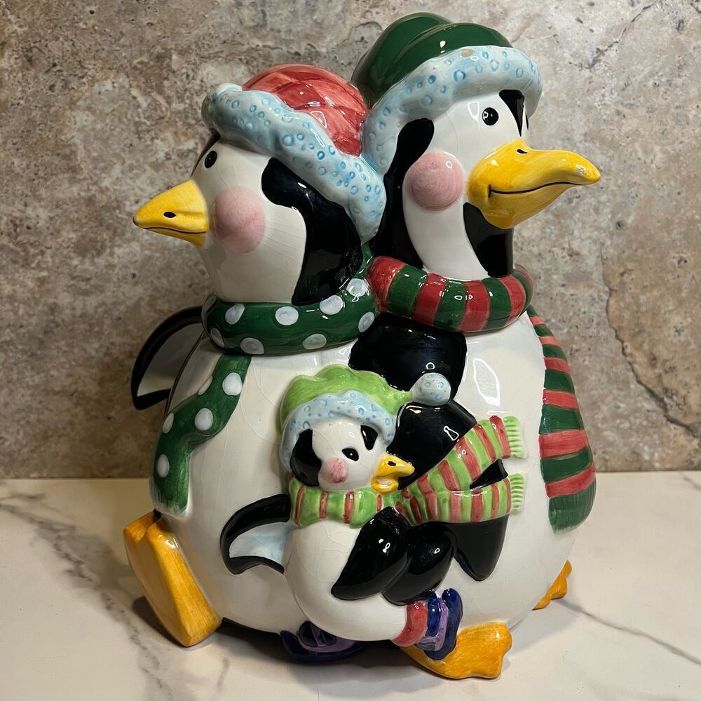Vintage Mercuries Penguin Family Ceramic Cookie Jar Christmas Holiday Winter